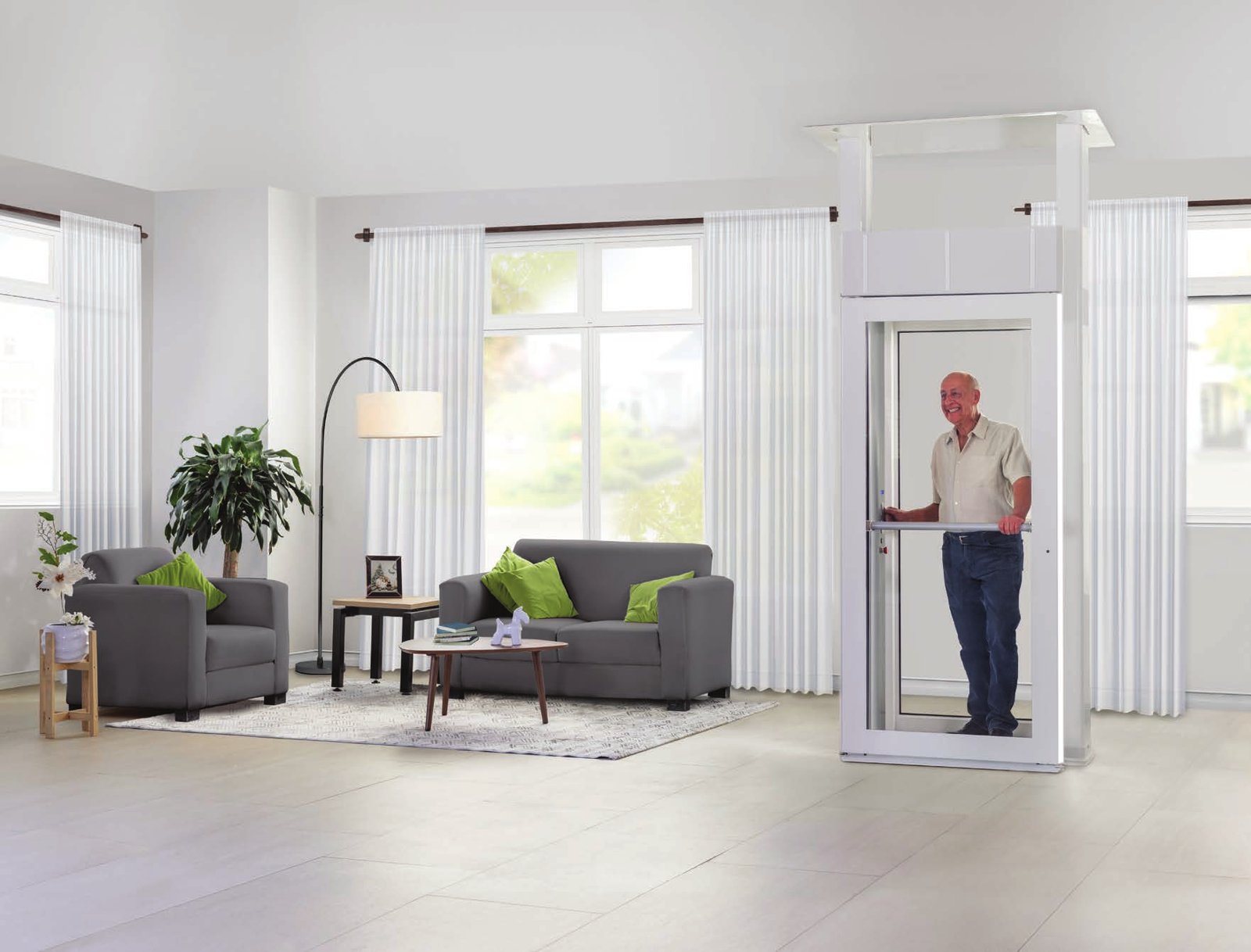 Shaftless Savaria Luma lift in a living room Shaftless Savaria Luma lift in a living room